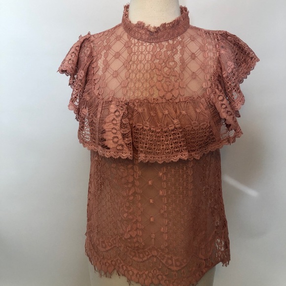 Champagne & Strawberry Pink lace top small - Picture 2 of 8